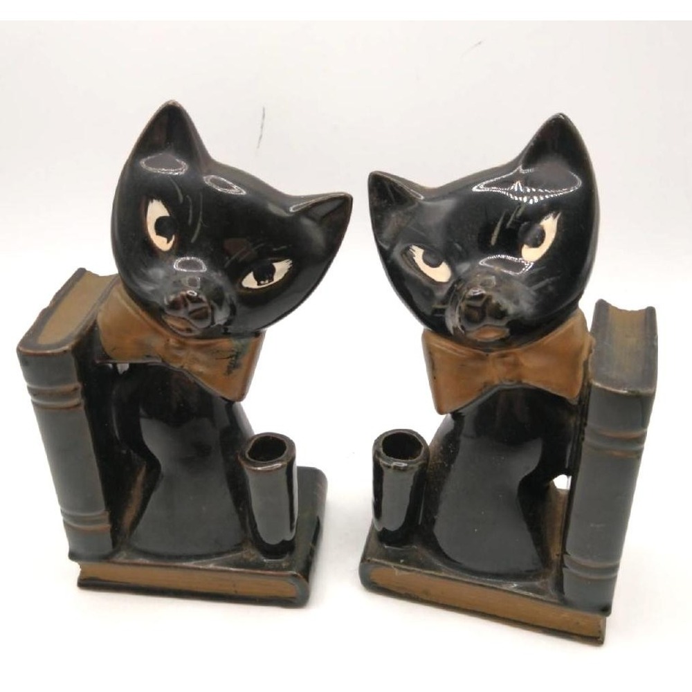 Vintage Black Cat Pencil Holder Book Ends Set Mid Century Redware Japan MCM